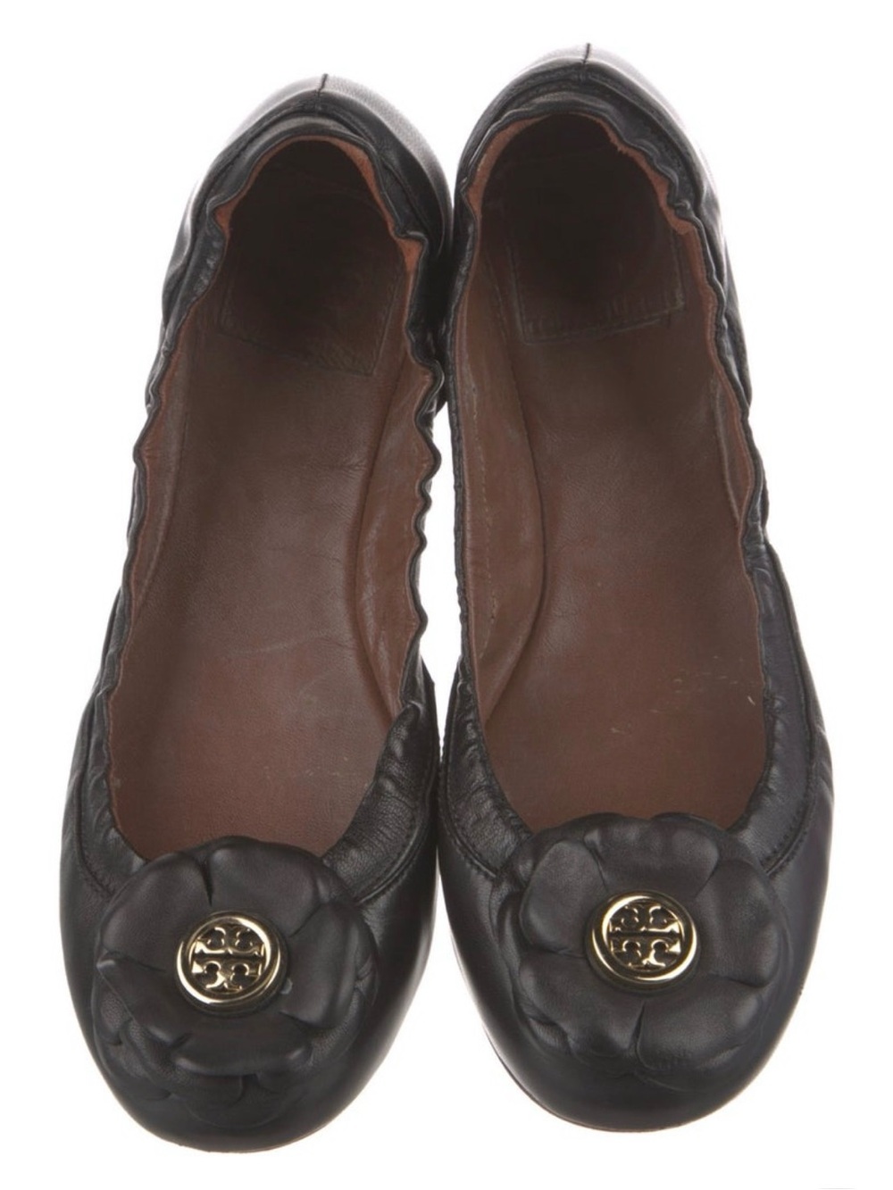 Tory Burch Black Leather Camellia Logo Ballet Flats